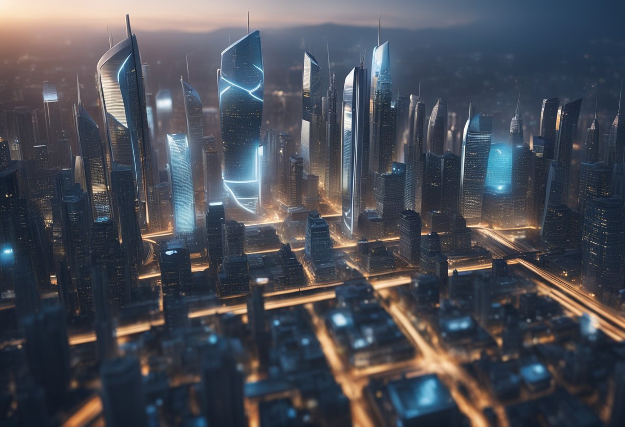 Uma paisagem urbana futurista com edifícios elegantes e interconectados e sistemas de transporte avançados