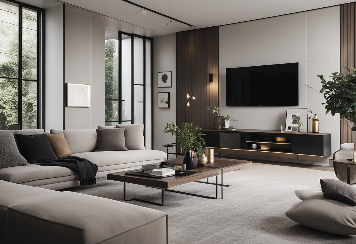 Uma sala de estar moderna e minimalista, com móveis elegantes e linhas limpas, apresentando um layout estiloso e funcional.