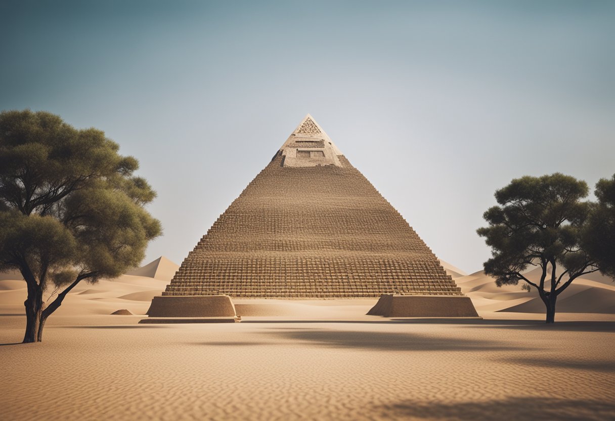 Uma pirâmide cercada por uma paisagem geométrica simples