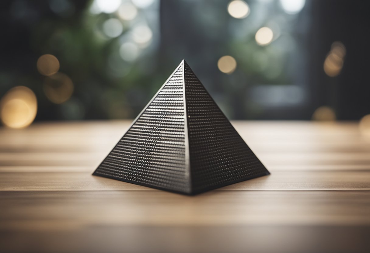 Uma pirâmide simples apoiada em uma superfície plana, com lados triangulares claros e definidos, e uma base quadrada.