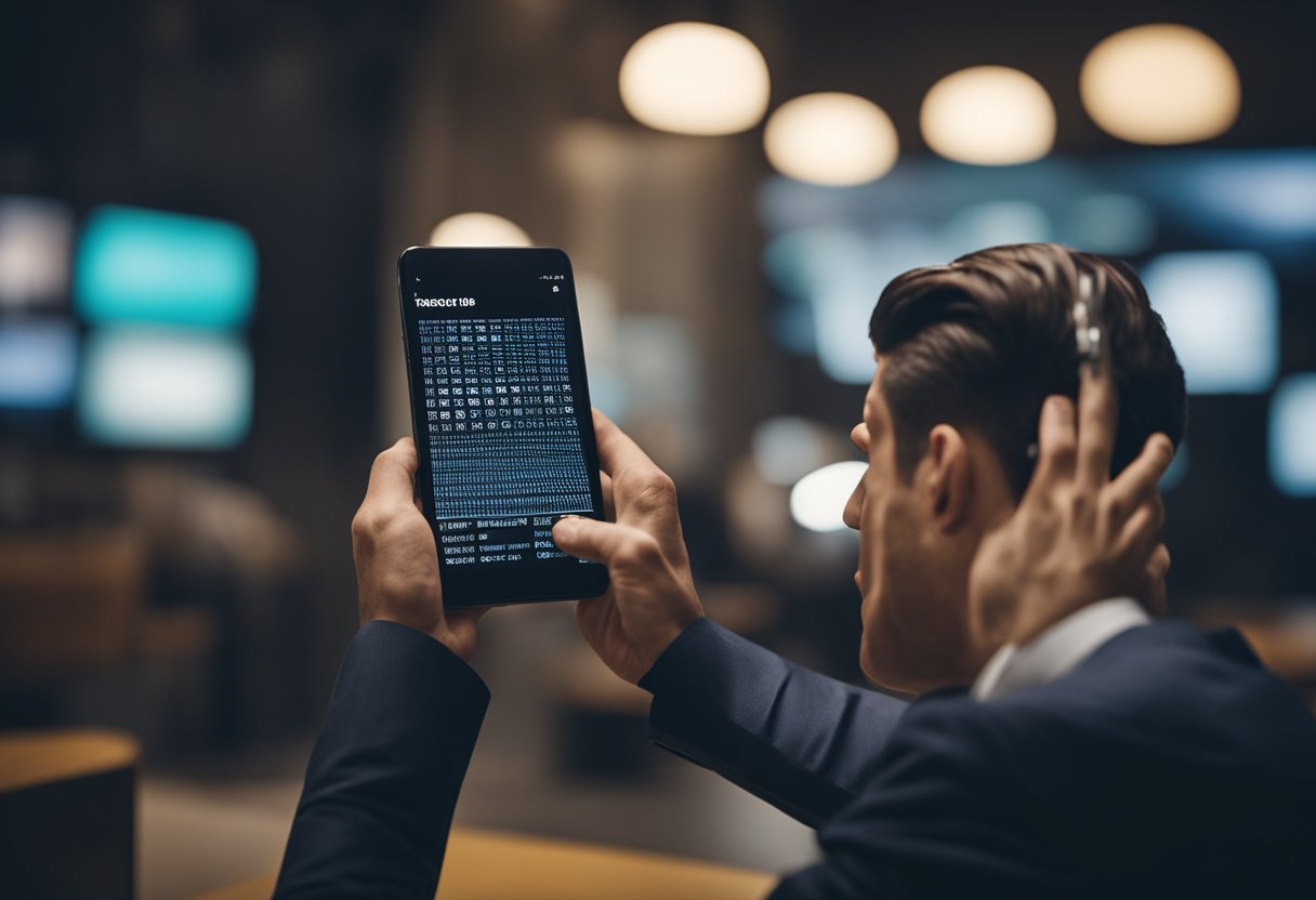 Uma pessoa frustrada olhando para um smartphone com mensagens de erro exibidas na tela