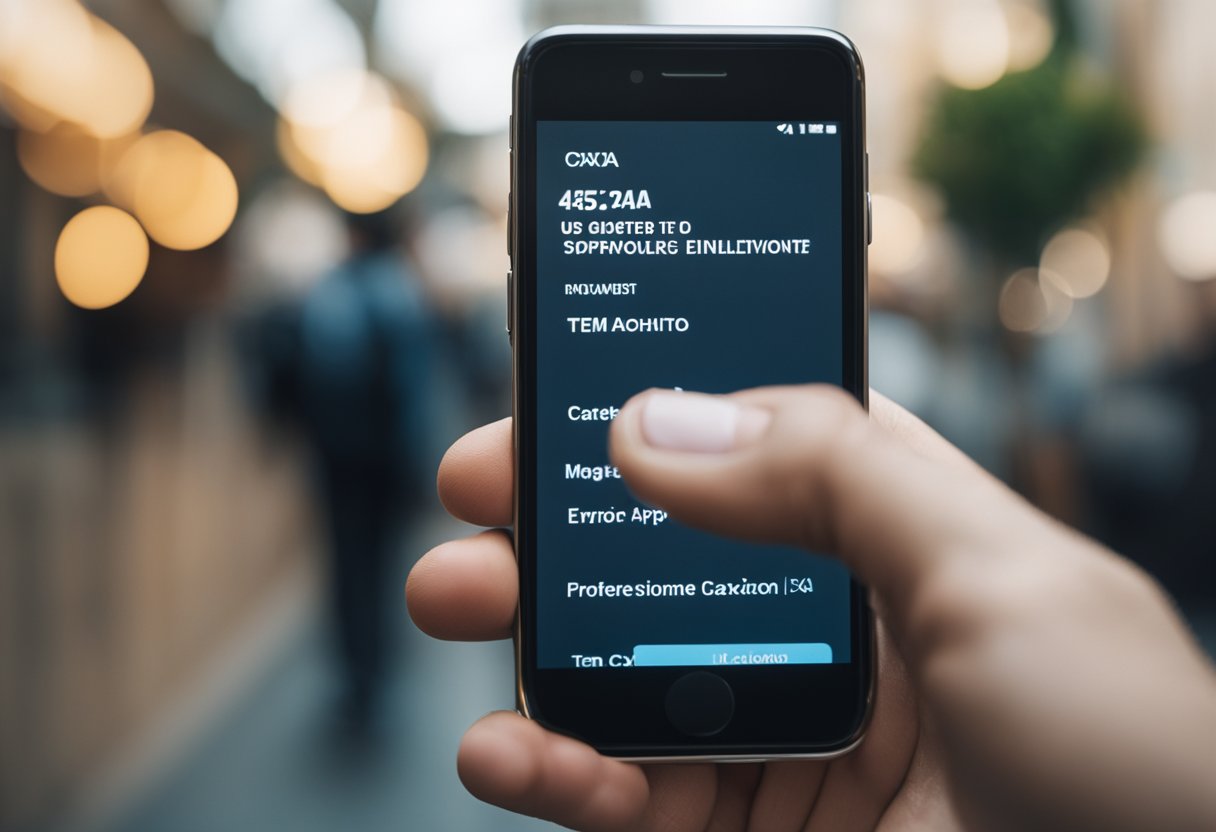 Uma pessoa frustrada olhando para um smartphone com uma mensagem de erro na tela enquanto tenta usar o aplicativo Caixa Tem