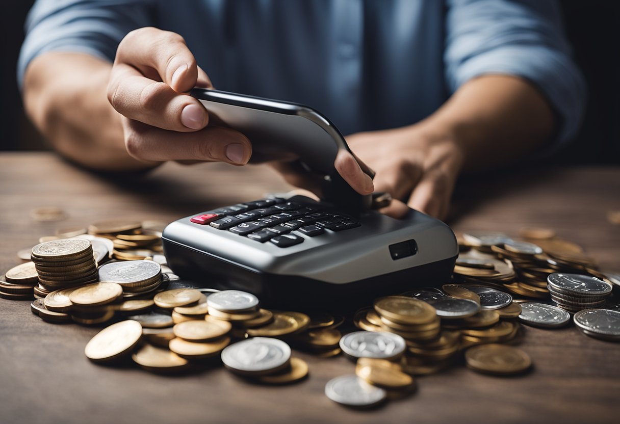 Uma pessoa segurando um telefone com uma expressão perplexa, cercada por moedas espalhadas e um cofre quebrado.