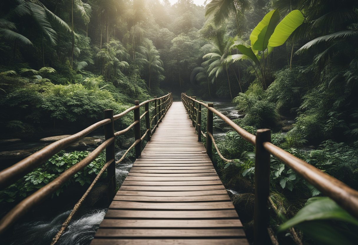 Um rio sereno fluindo através de uma selva exuberante, com uma ponte de madeira ao longe