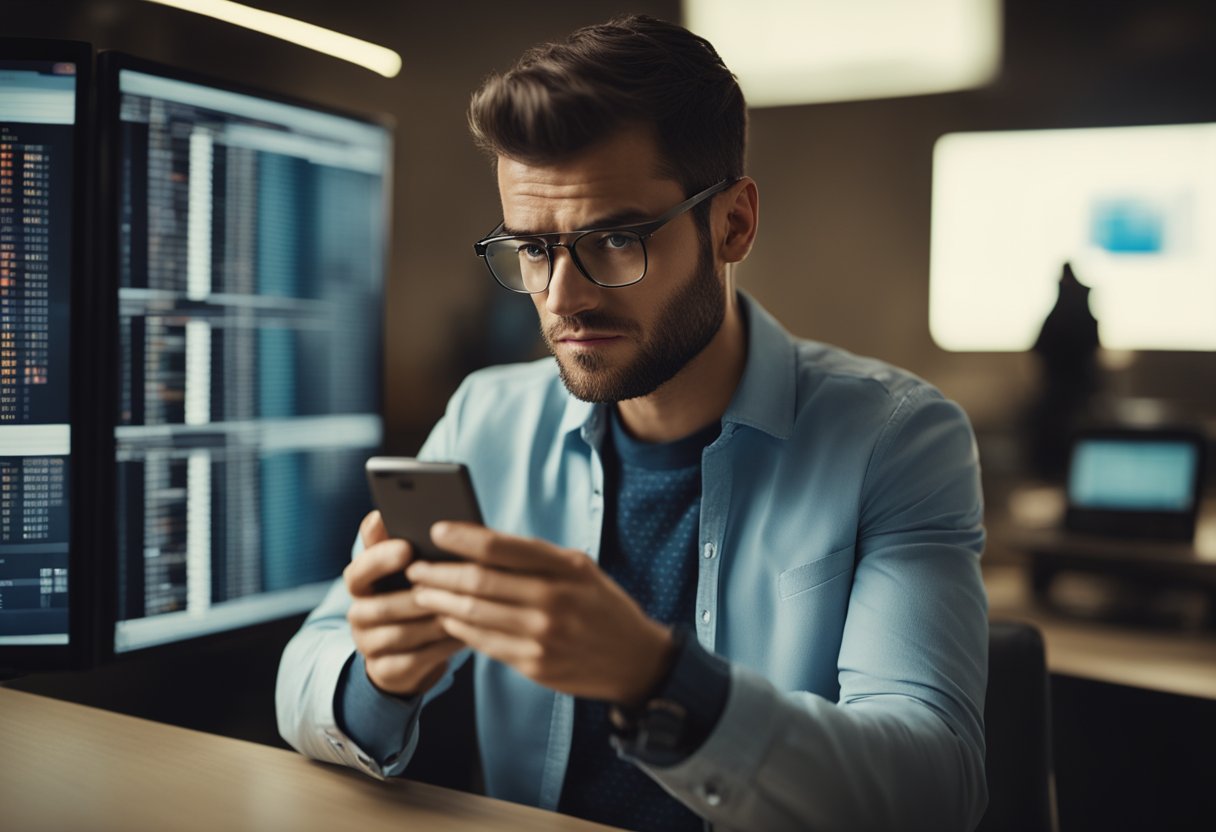 Uma pessoa frustrada olhando para a tela de um computador com uma mensagem de "verificação falhou" enquanto segura um cartão bancário e um smartphone.