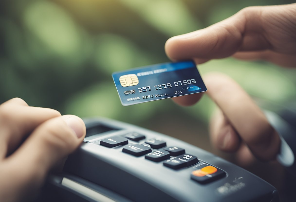 Uma mão alcançando um cartão de crédito de substituição no site de um banco