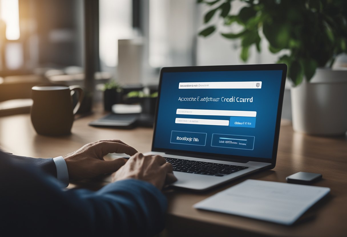 Uma pessoa fazendo login em um computador, acessando o site da Agiplan e navegando até a seção "Segunda Via da Fatura" para obter uma fatura duplicada do cartão de crédito.