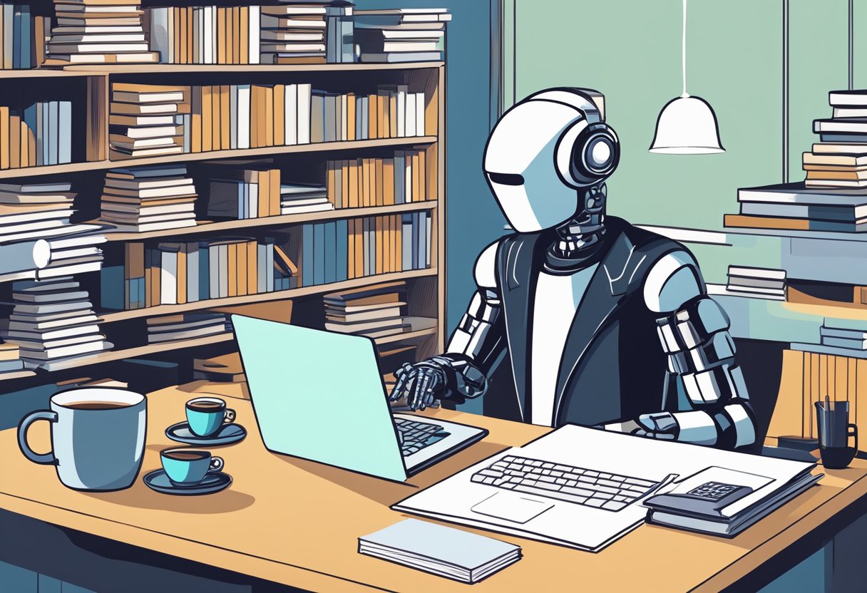 Una persona en una computadora, programando código para un chatbot de IA, rodeada de libros y papeles, con una taza de café cerca.