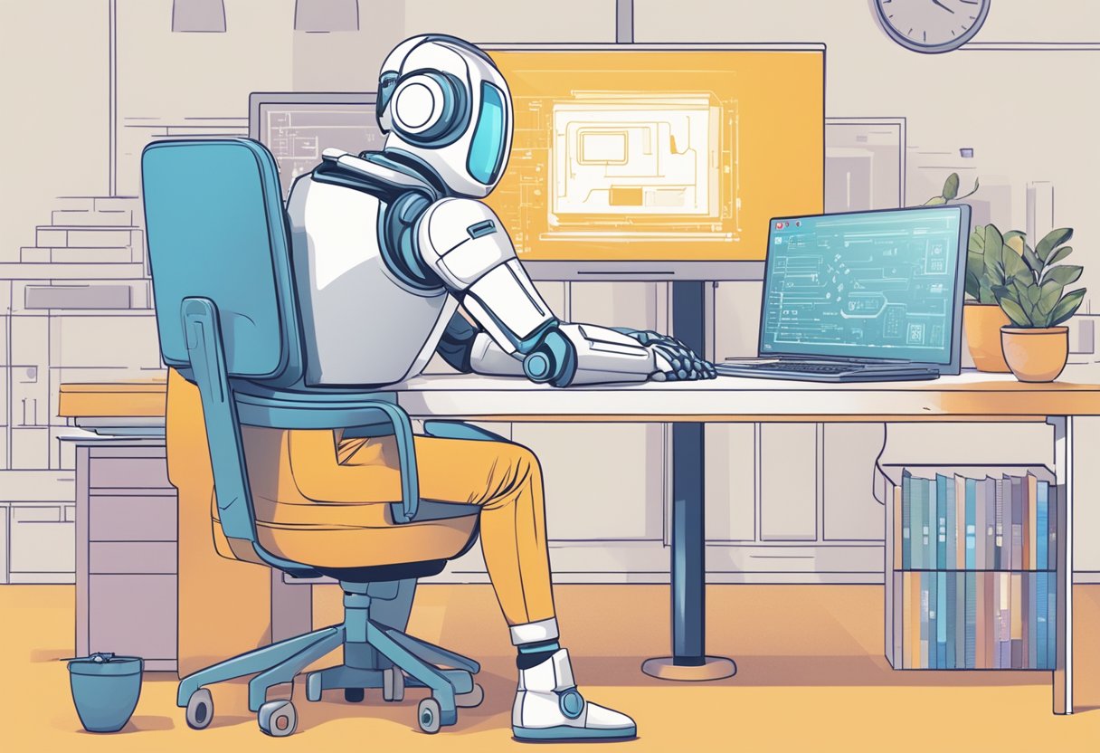 Una persona ensamblando un chatbot usando una computadora, codificando y probando el programa de IA