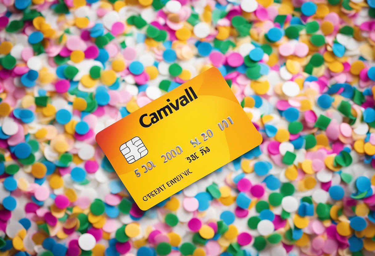Um cartão de crédito repousando sobre um fundo festivo de carnaval, cercado por confetes coloridos e serpentinas.
