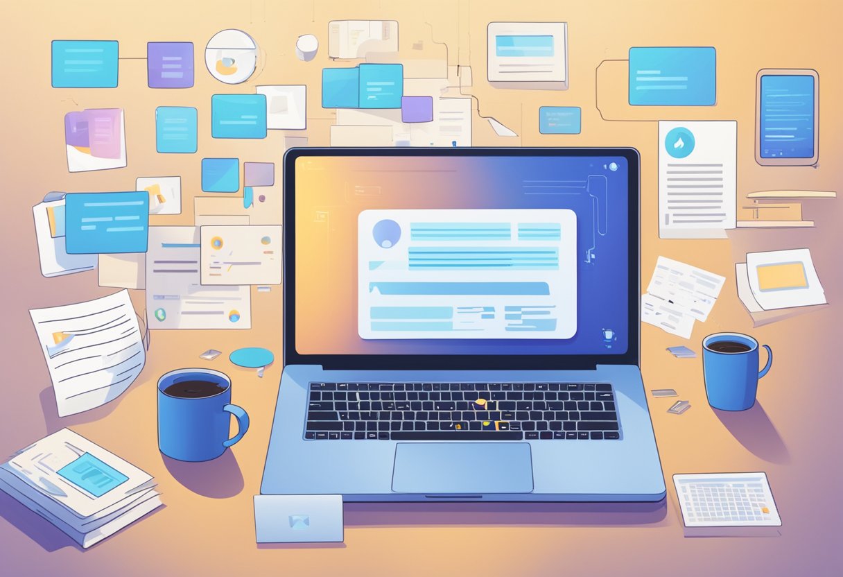 Un portátil abierto mostrando código para un chatbot de IA, rodeado de papeles esparcidos y una taza de café. Se ve la mano de una persona escribiendo en el teclado.