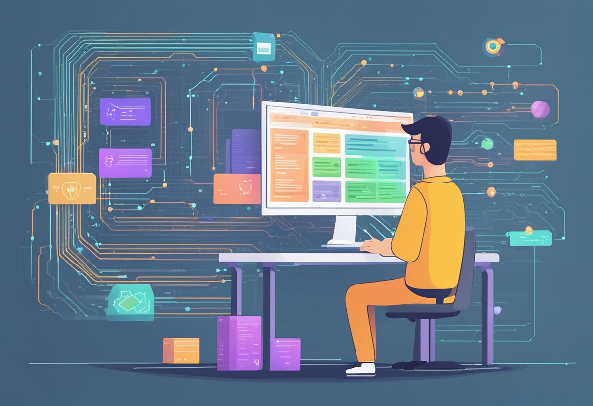 Una pantalla de computadora que muestra el proceso de codificación y programación de un chatbot de IA, con varias líneas de código y algoritmos mostrados.