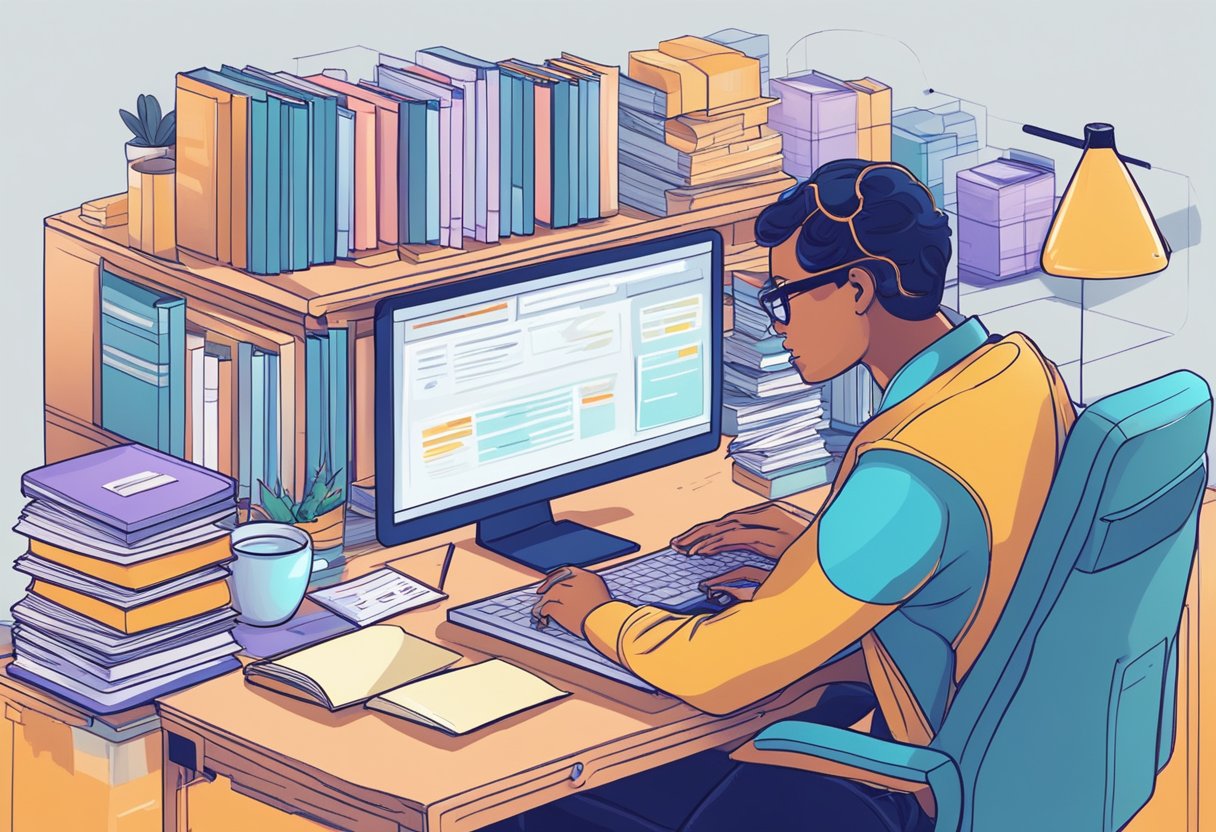 Una persona en una computadora, rodeada de libros y notas, generando ideas y programando para un chatbot de IA