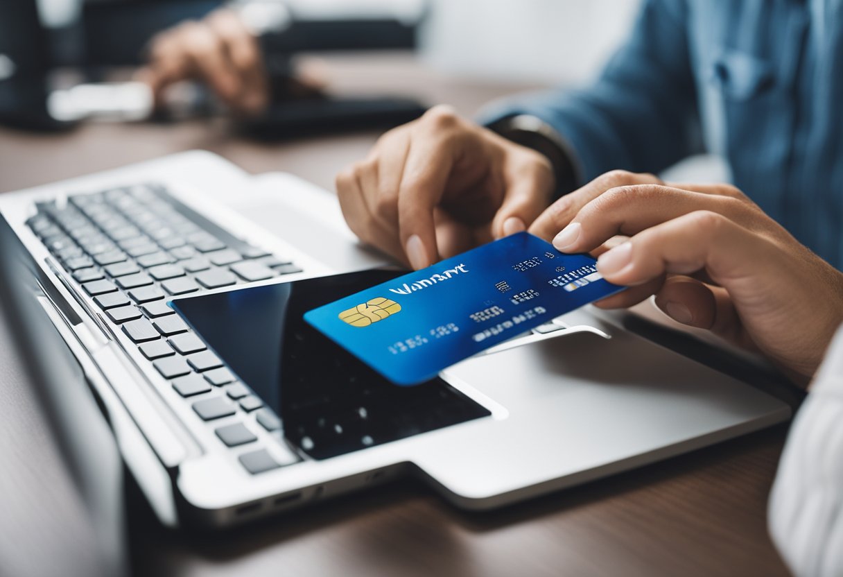 Uma pessoa usando um computador para acessar o site do cartão de crédito Walmart e navegando pelos passos para visualizar e imprimir seu extrato mensal.