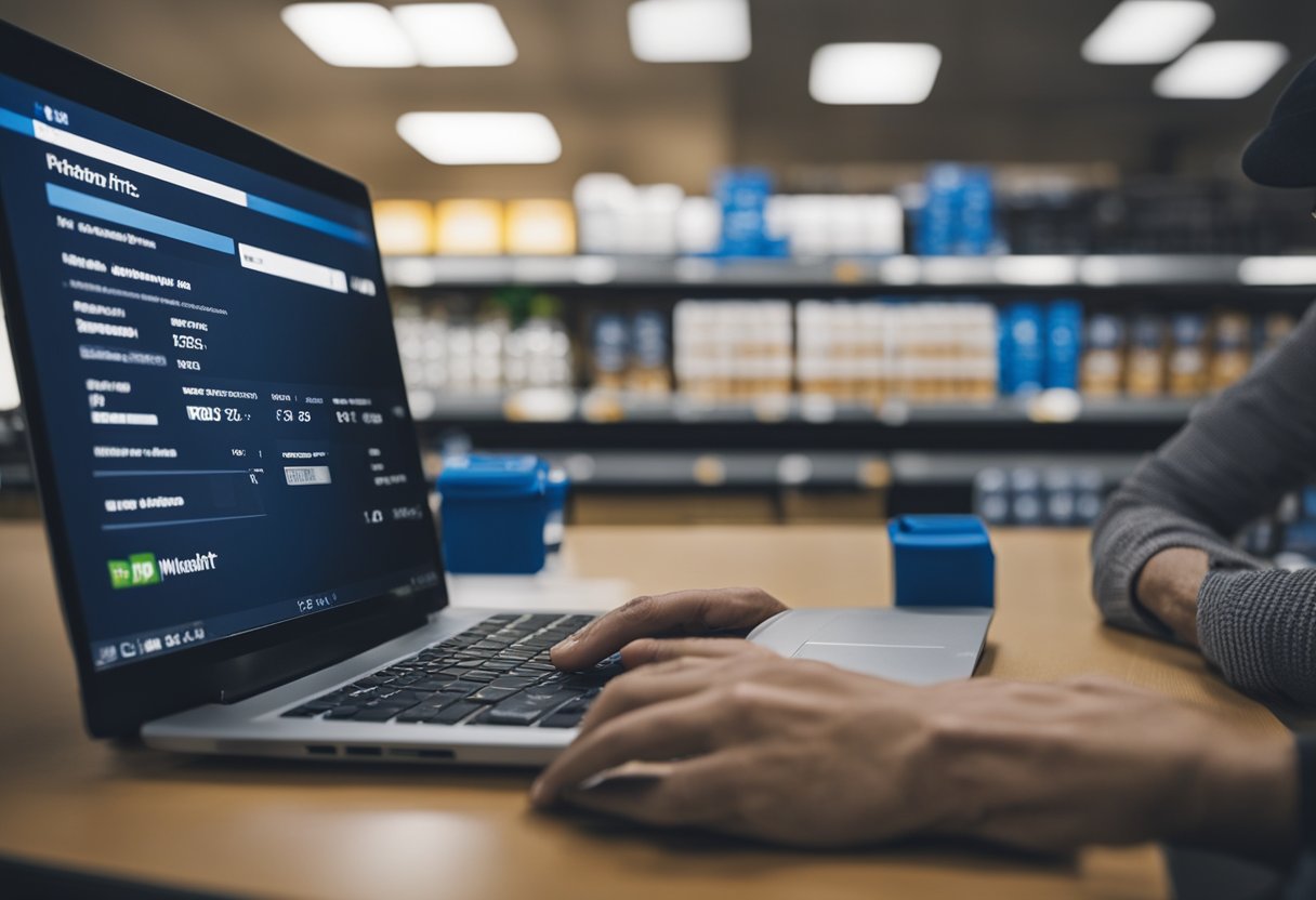 Uma pessoa usando um computador para acessar o site do cartão de crédito Walmart e navegando pelas etapas para visualizar e imprimir seu extrato mensal.