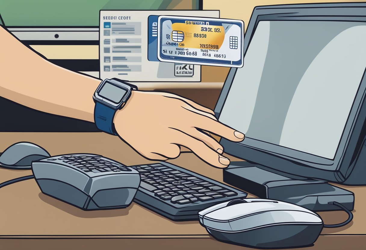 Uma mão reaching for a mouse de computador, com um cartão de crédito do Walmart e uma conta visíveis na tela