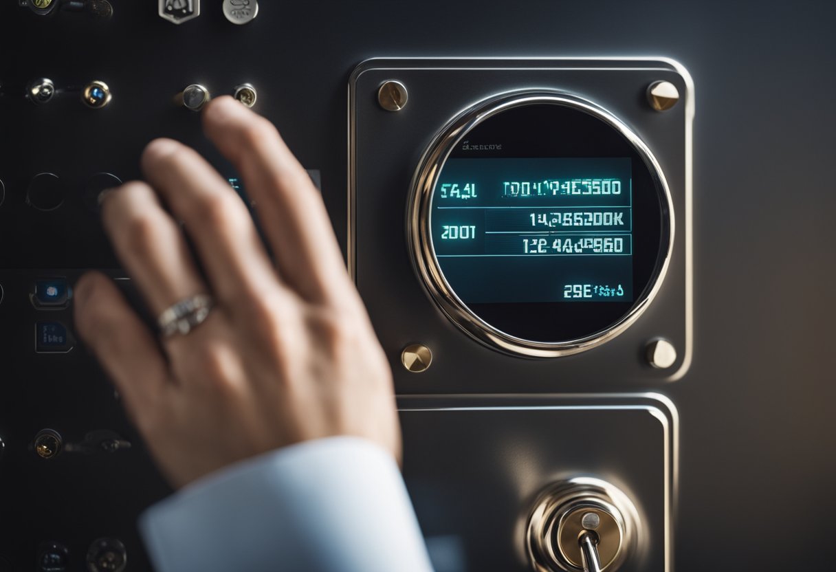 Uma mão alcançando um cofre trancado e seguro, com uma tela de entrada de senha digital visível