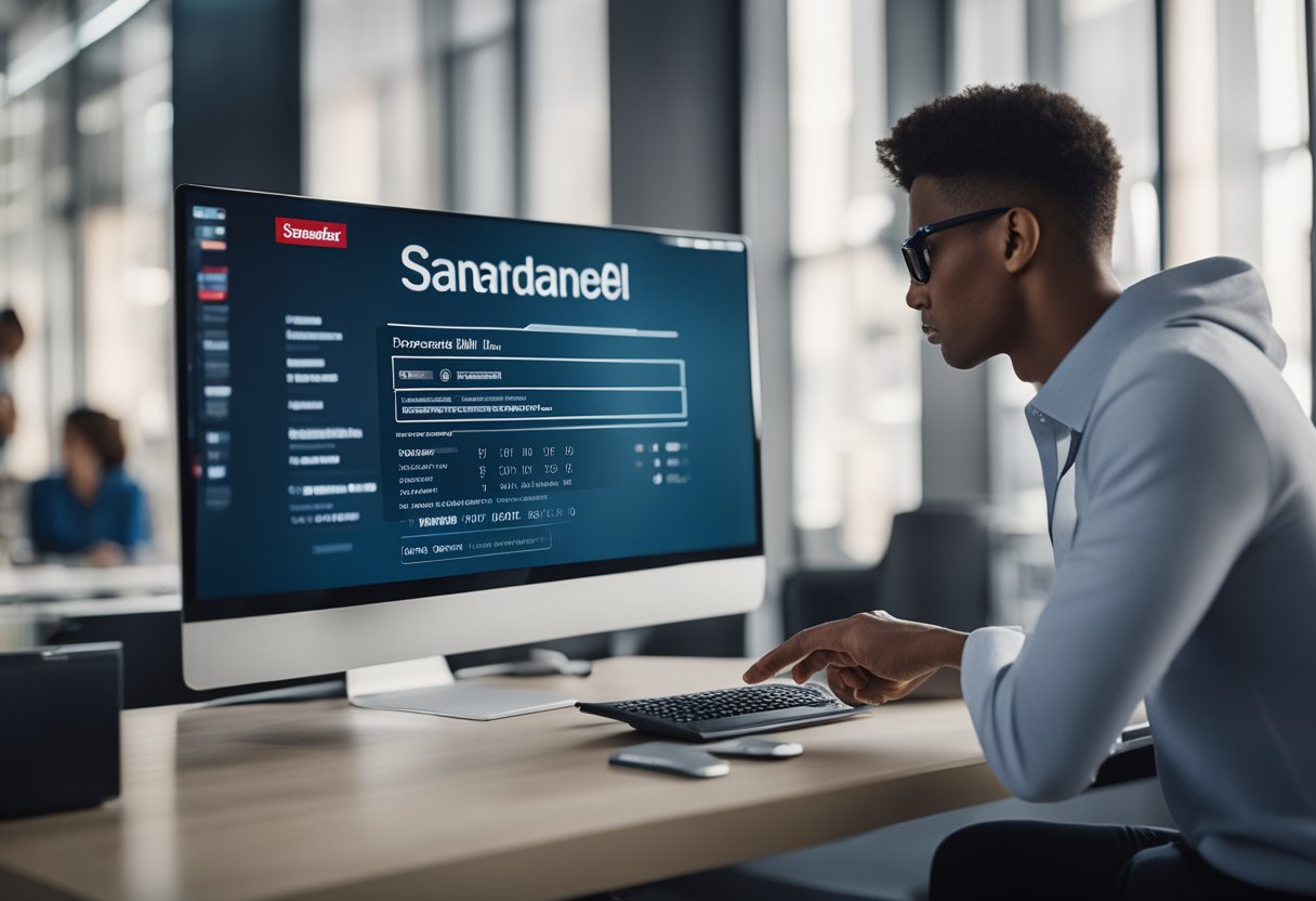Uma pessoa digitando uma senha para acessar uma fatura protegida do Santander na tela de um computador