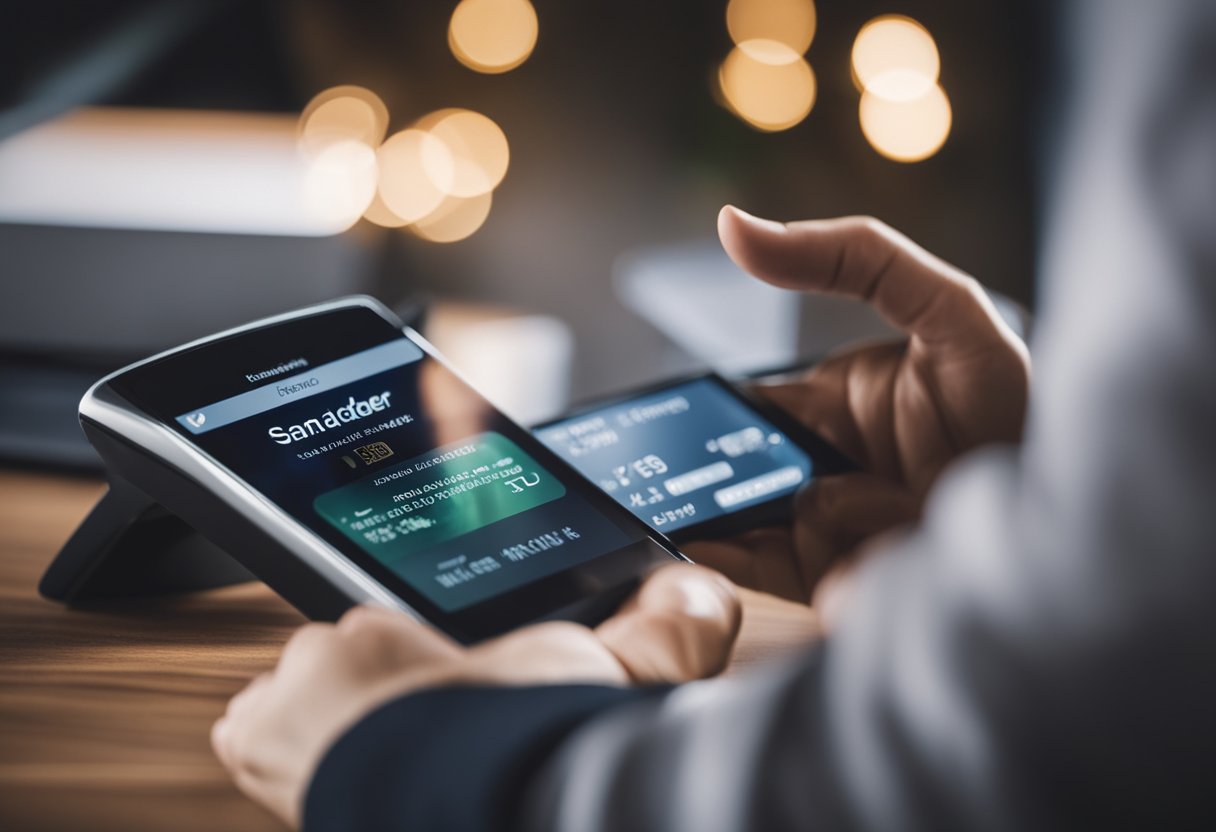 Uma pessoa acessando um portal seguro de banco online, configurando uma senha para a fatura do cartão de crédito Santander.
