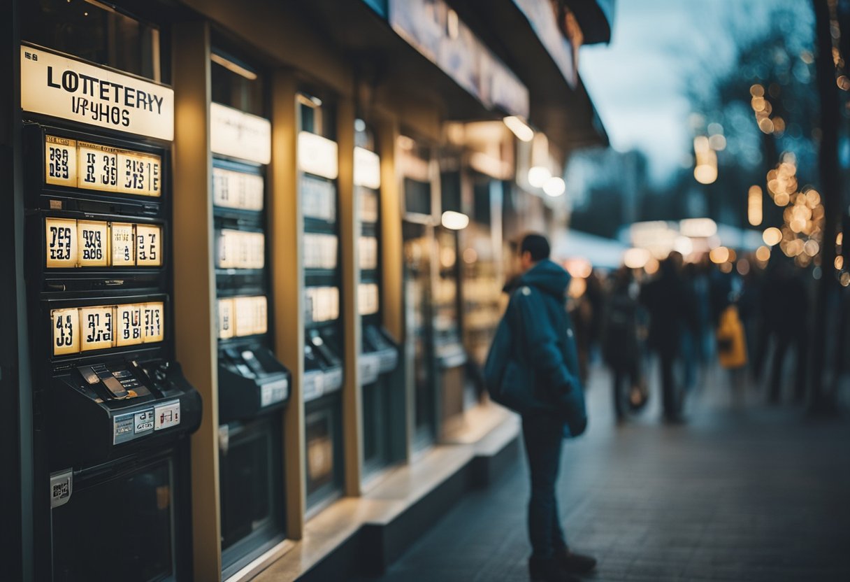 Uma pessoa tirando fotos do lado de fora de uma fila de casas lotéricas