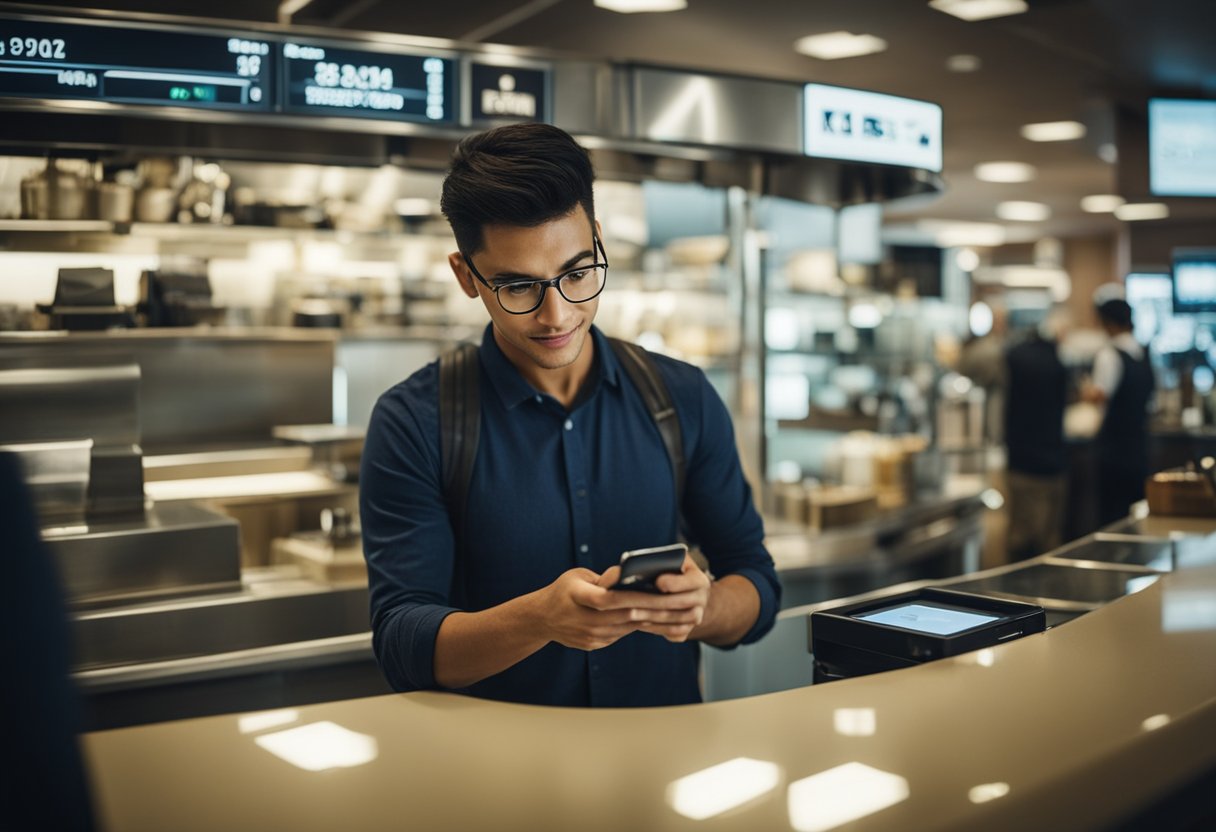 Uma pessoa usando seu smartphone para fazer um pagamento via PIX no balcão de uma lotérica