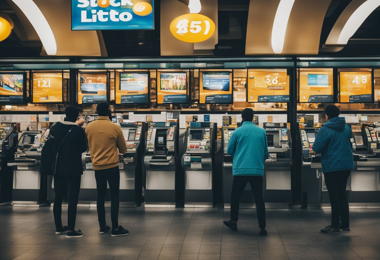 Um quiosque de loteria movimentado com clientes usando seus celulares para fazer transações via PIX