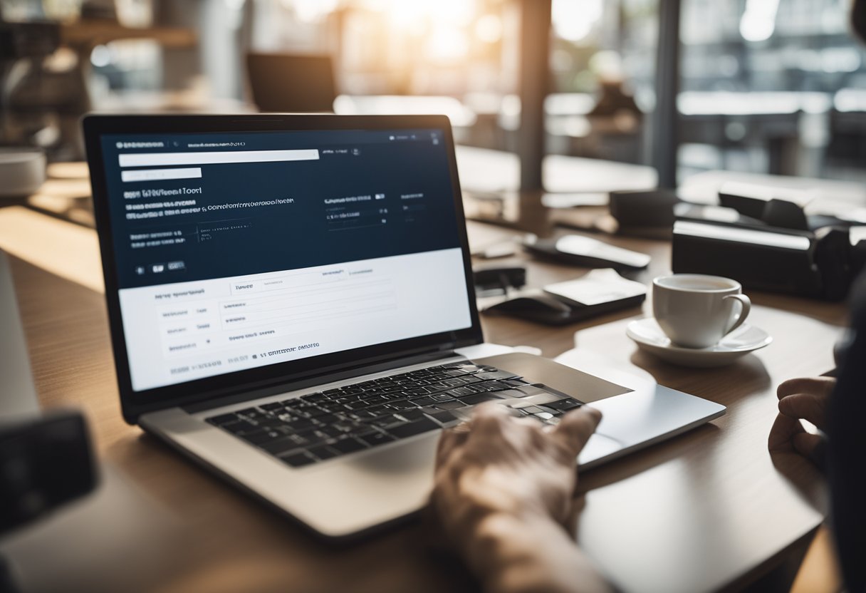 Uma pessoa sentada em um computador, digitando e inserindo informações pessoais para criar um cartão de loja online.