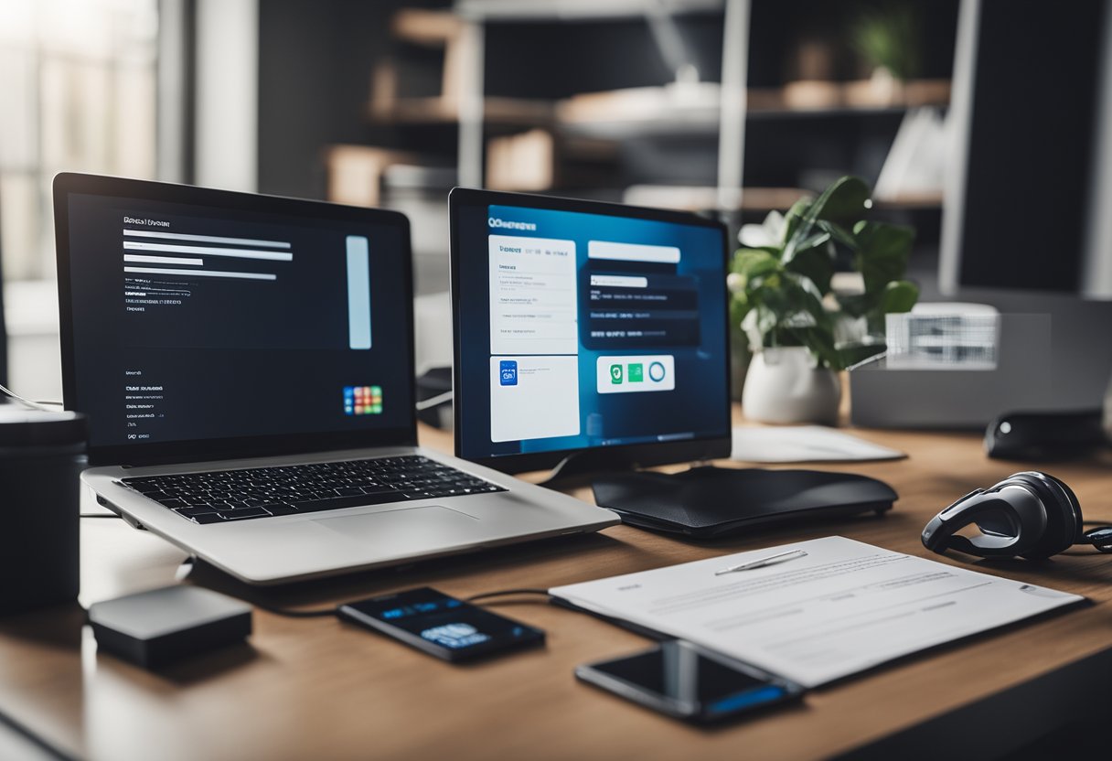 Um computador com conexão à internet, um cartão de crédito e documentos de identificação pessoal dispostos sobre uma mesa.