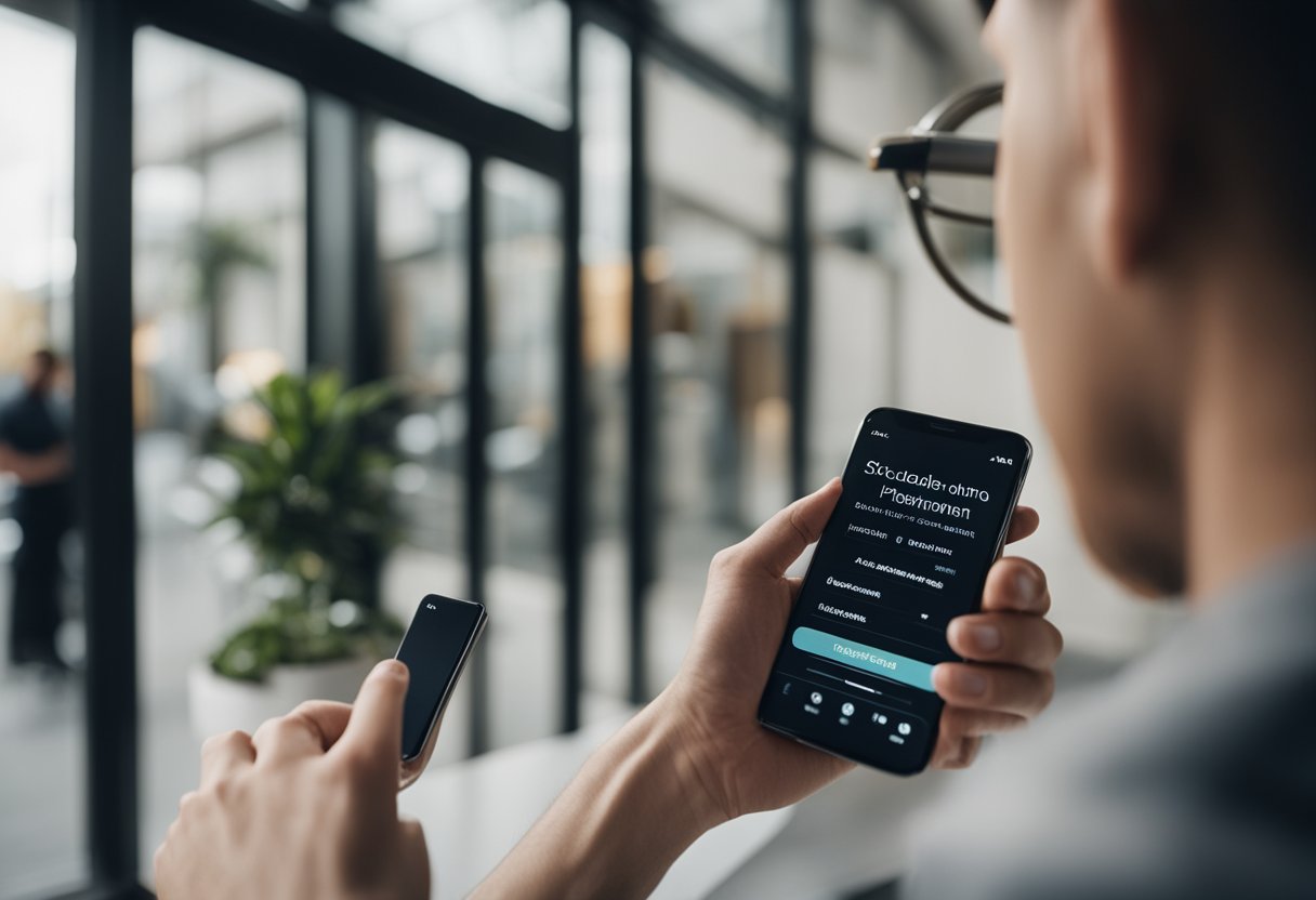 Uma pessoa usando um smartphone para agendar uma consulta em um local físico