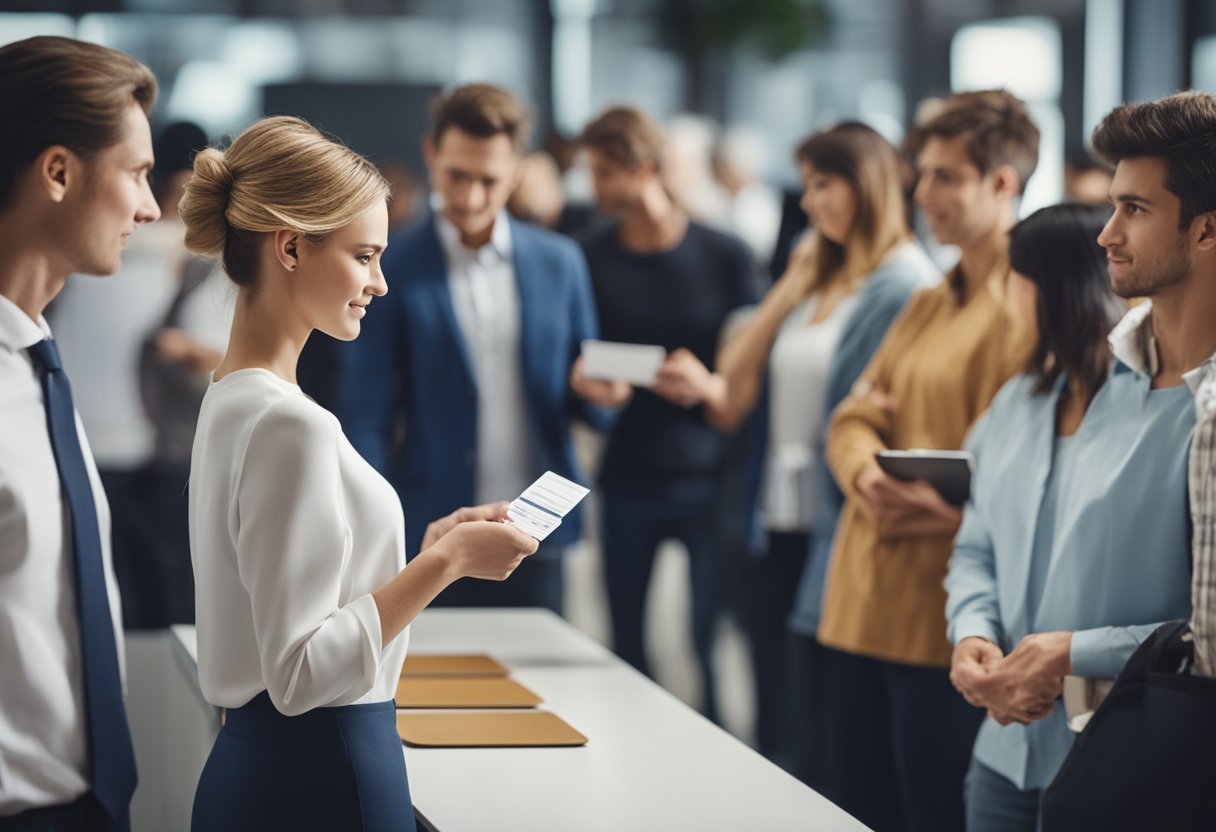 Uma pessoa segurando um Cartão Top está em pé na fila de um balcão de registro, cercada por outras pessoas.