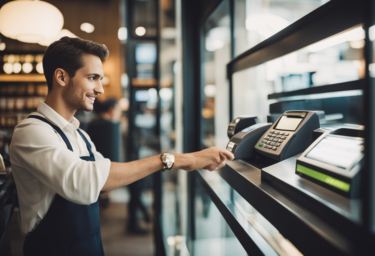 Um cliente fazendo um pagamento no balcão do caixa