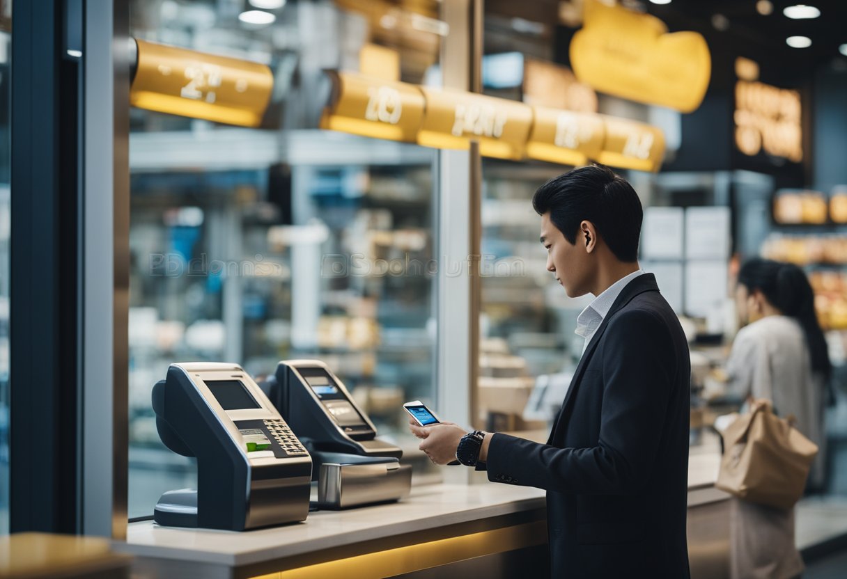 Uma pessoa em pé em uma janela de caixa, usando um smartphone para fazer um pagamento via Pix