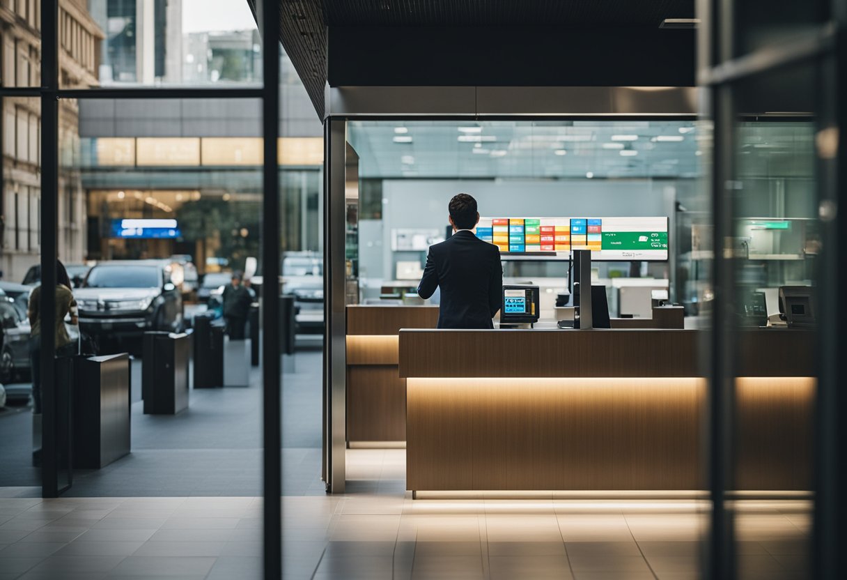 Uma pessoa em pé em uma janela de caixa de banco, usando um smartphone para fazer um pagamento via Pix