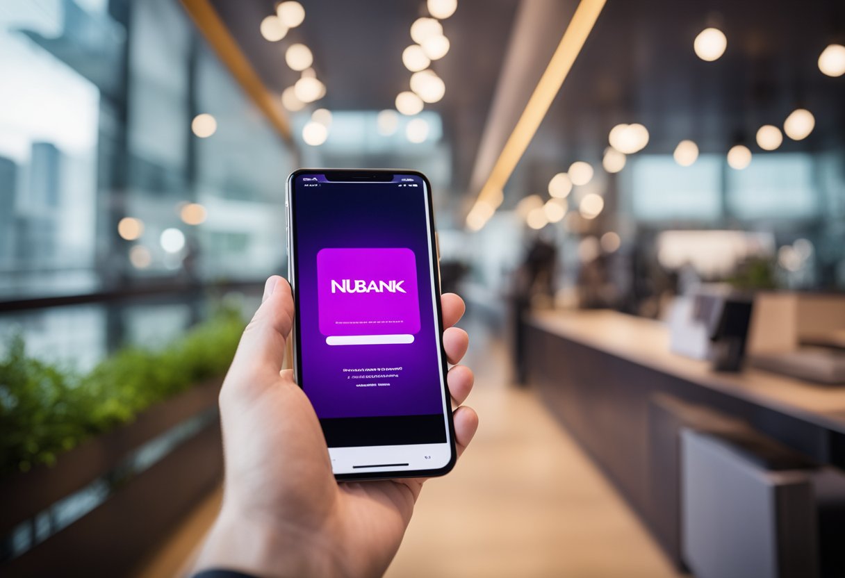 Um smartphone com o aplicativo Nubank aberto, um espaço em branco para o valor e um botão de confirmação visível.