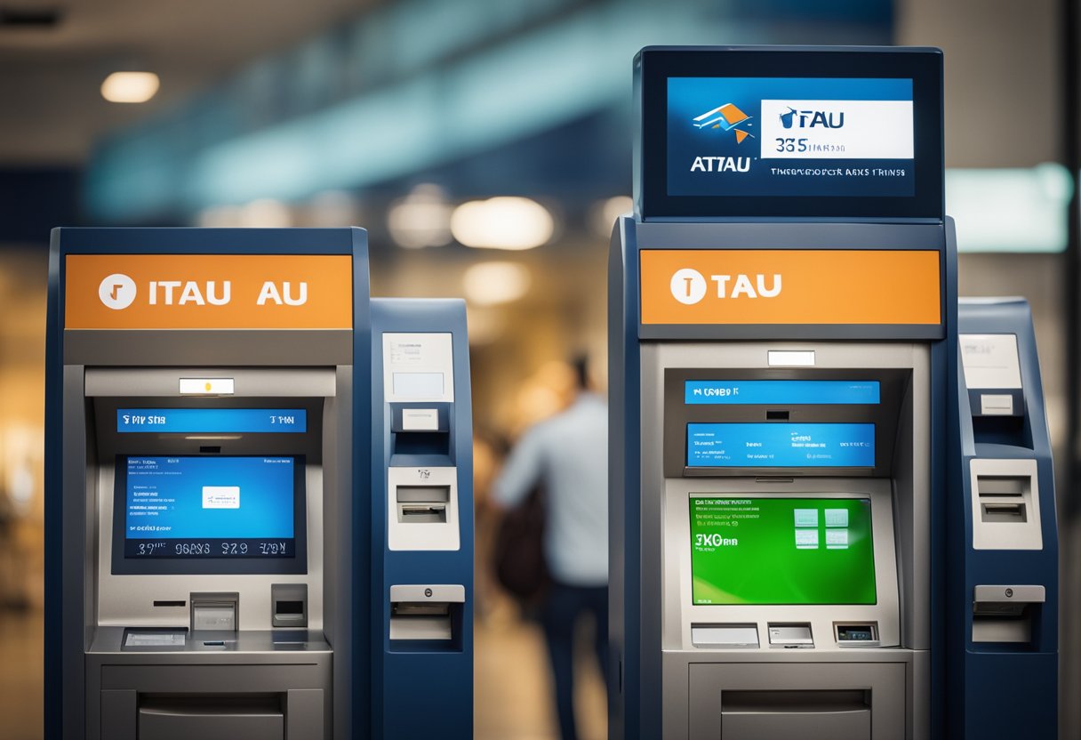 Uma pessoa em pé em um caixa eletrônico do Itaú, enviando uma transação Pix, com a tela do caixa eletrônico exibindo a confirmação da transação.