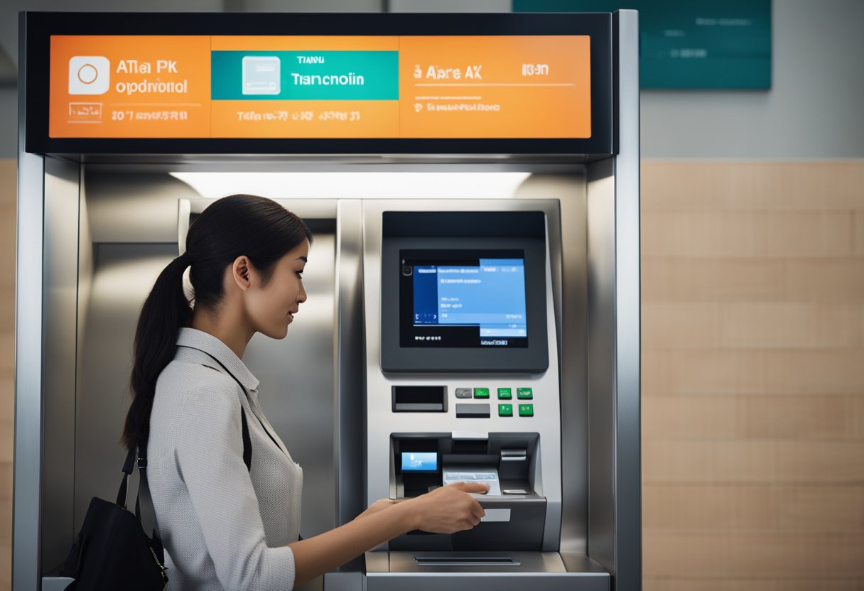 Uma pessoa em pé em um caixa eletrônico do Itaú, selecionando a opção para fazer uma transação PIX, com a tela exibindo a confirmação da transação bem-sucedida.