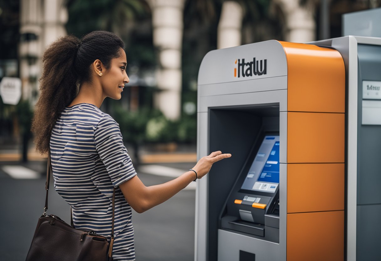 Uma pessoa em pé em um caixa eletrônico do banco Itaú, inserindo informações para realizar uma transação PIX. A tela do caixa eletrônico exibe os detalhes da transação.