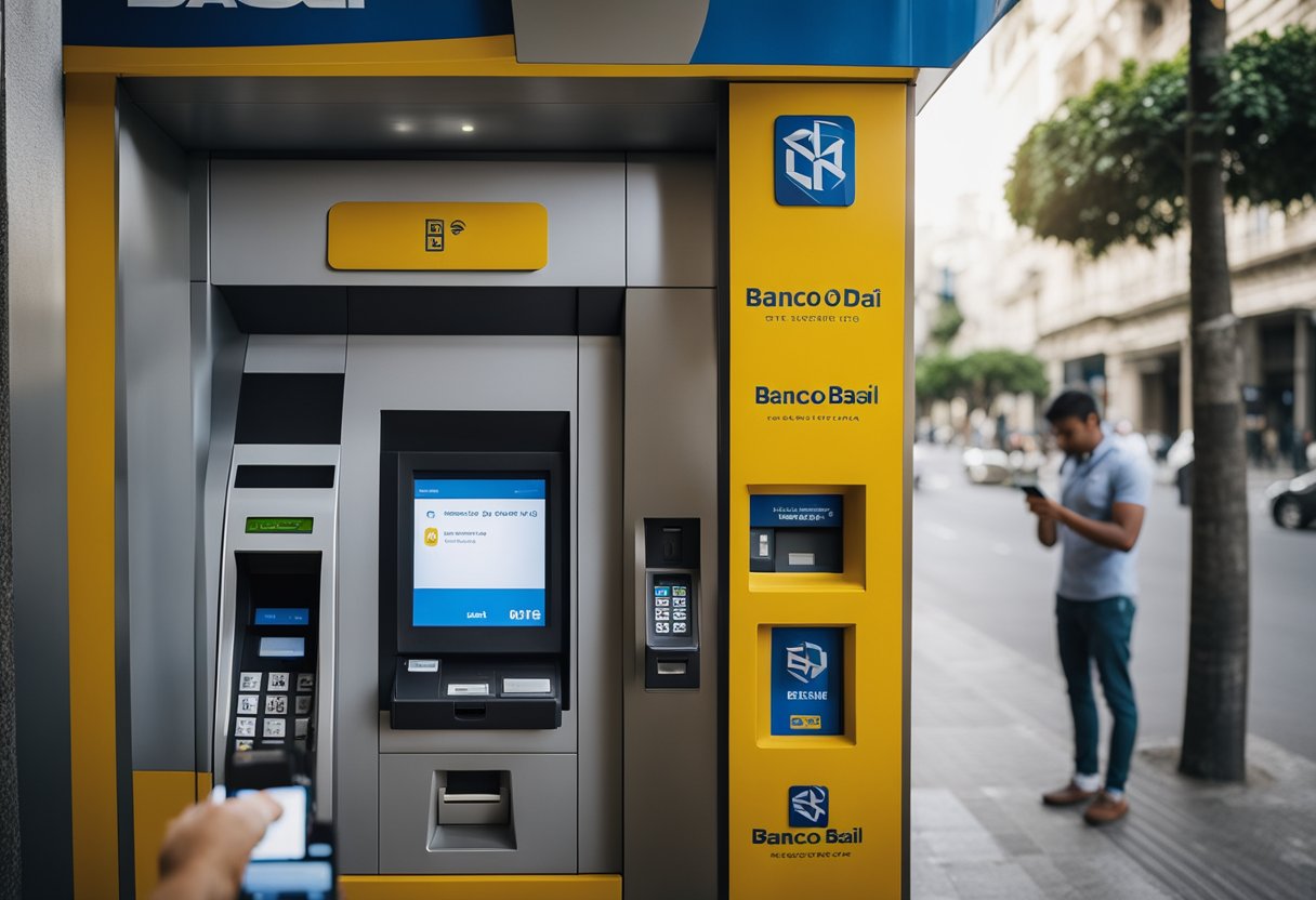 Uma pessoa em pé em um caixa eletrônico do Banco do Brasil, usando o telefone para fazer uma transação Pix.