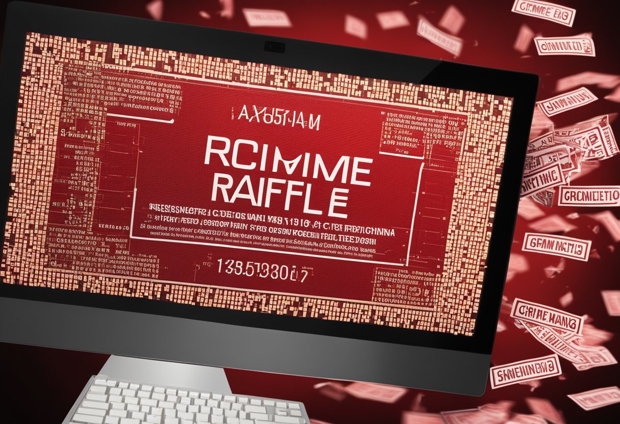 Uma tela de computador com um símbolo de aviso vermelho de "crime" e um bilhete de rifa virtual sendo triturado