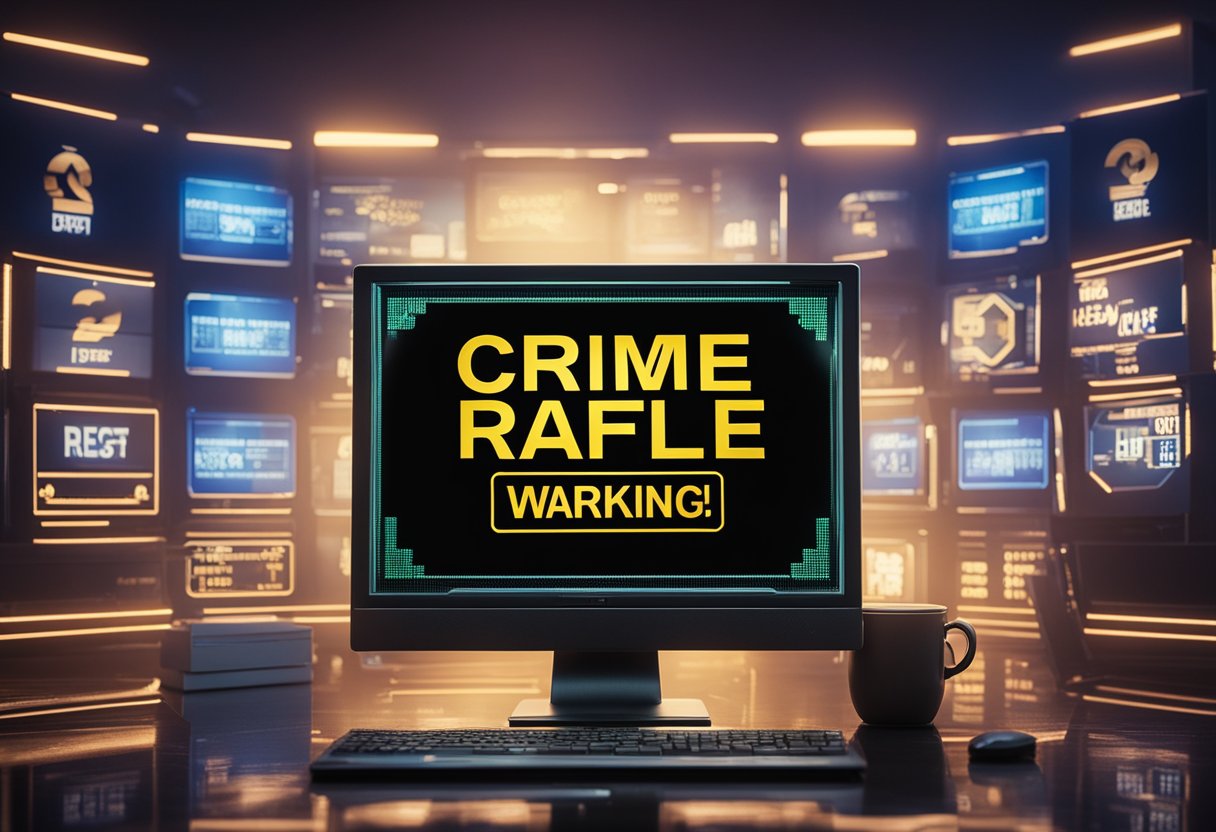 Uma tela de computador exibindo um sorteio virtual com um sinal de alerta de "crime" ao fundo