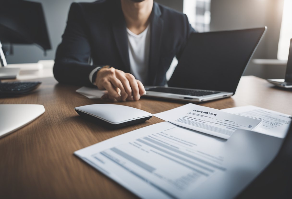 Uma pessoa preenchendo um pedido de empréstimo sem esforço em um computador enquanto sua conta de luz está próxima.