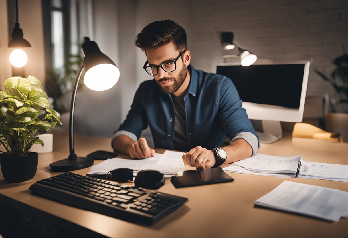 Uma pessoa sentada em uma mesa, olhando para a tela do computador com uma conta de serviços públicos na mão, enquanto uma lâmpada ilumina o quarto.