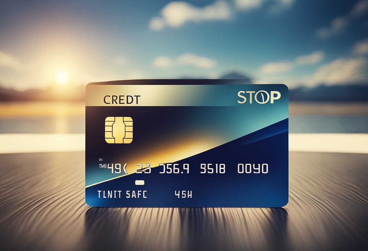 Um cartão de crédito girando até parar, com um horizonte distante ao fundo