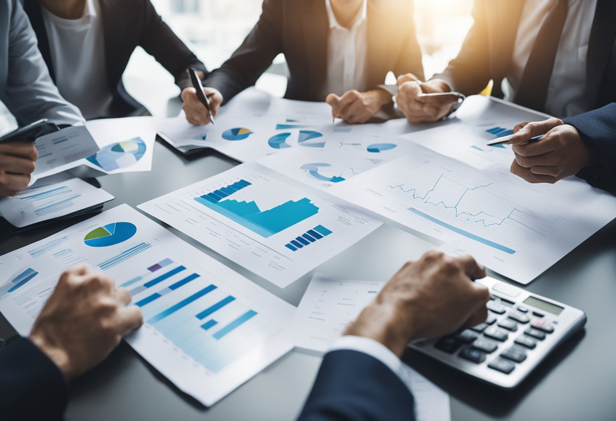 Um grupo de pessoas discutindo finanças e apontando para gráficos e tabelas em uma mesa