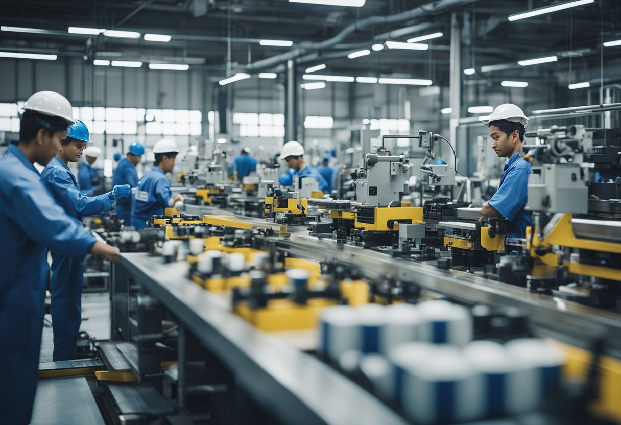 Um grupo de trabalhadores em uma fábrica, operando máquinas e montando produtos. Materiais e equipamentos estão rotulados com a sigla "FAT."