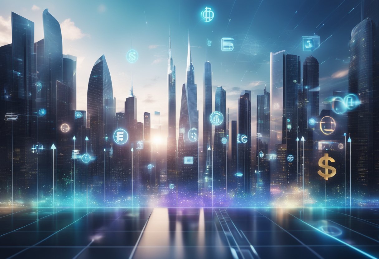 Um horizonte de cidade futurista com projeções holográficas de dados financeiros e símbolos de moeda digital flutuando no ar