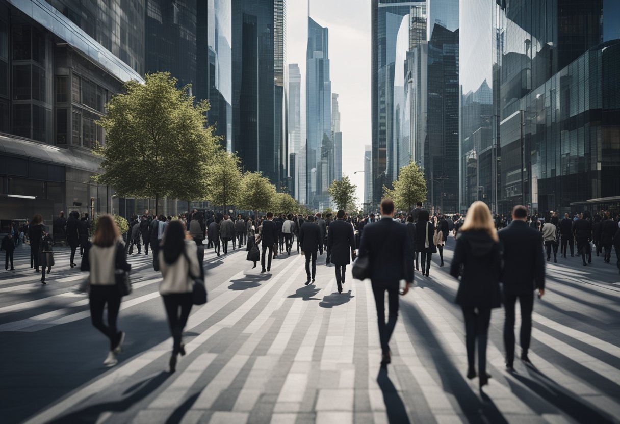 Uma rua movimentada da cidade com arranha-céus modernos e instituições financeiras, com pessoas caminhando e interagindo com telas digitais e tecnologia.