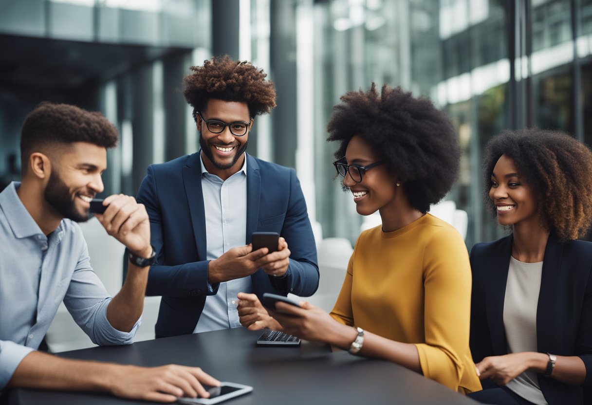 Um grupo de pessoas diversas realiza transações financeiras usando dispositivos digitais em um ambiente moderno e tecnológico.