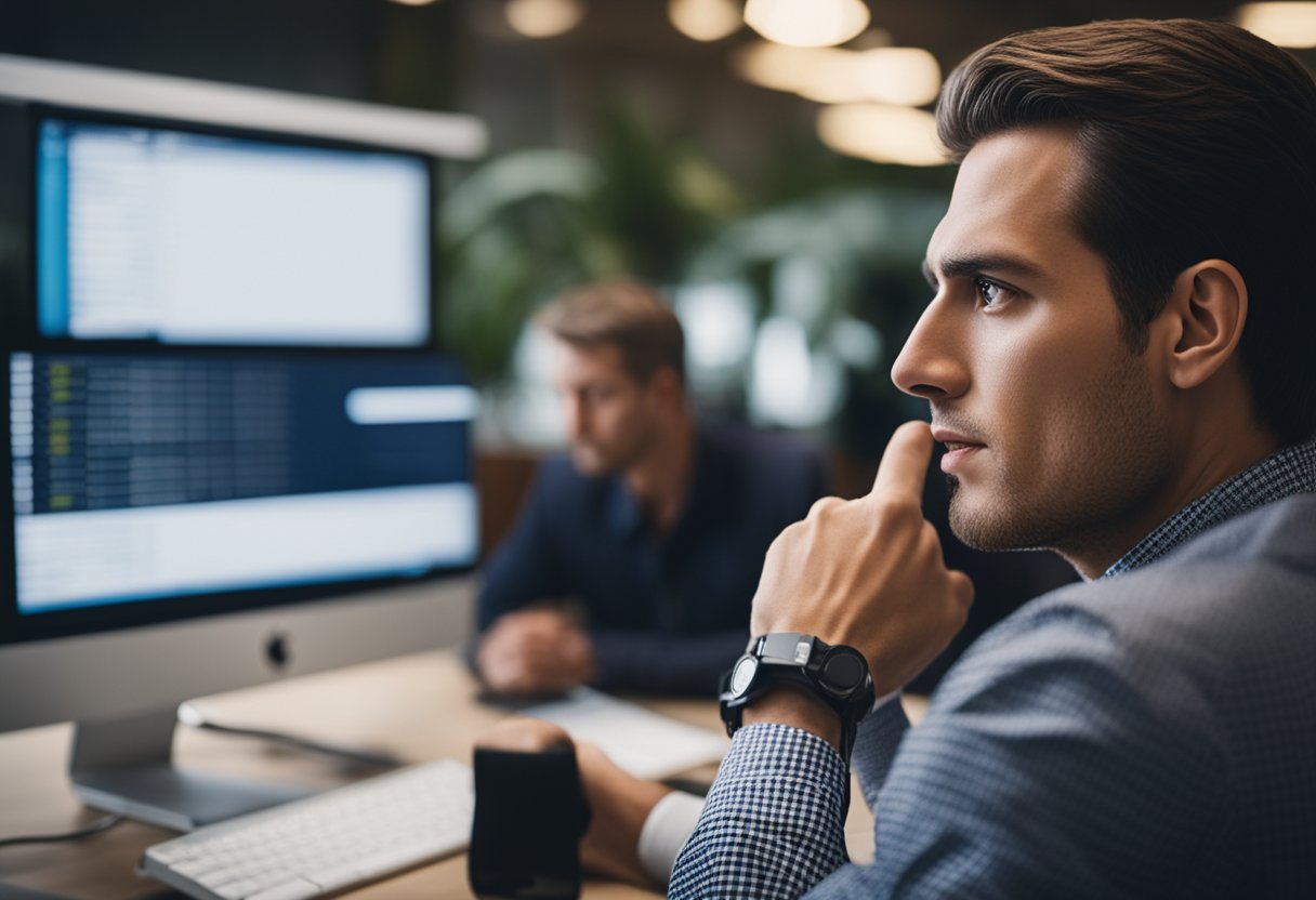 Uma pessoa recebendo uma mensagem suspeita sobre o programa de assistência brasileiro, parecendo confusa e hesitante em responder.