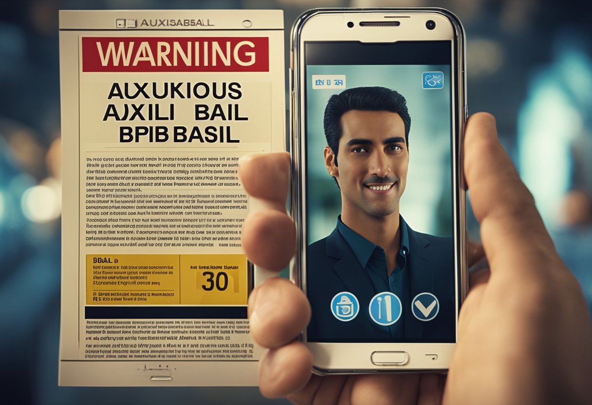 Uma pessoa recebendo uma mensagem suspeita sobre "Auxílio Brasil" no celular, com um sinal de alerta ao fundo.